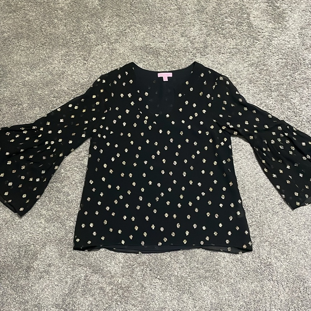 Lilly Pulitzer Black and gold Embellished 3/4 bell Sleeve Blouse